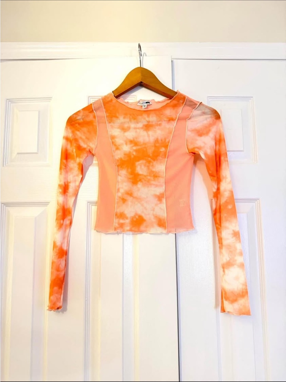 Fashion Nova Coral Pink Tie-Dye Long Sleeve Crop Top